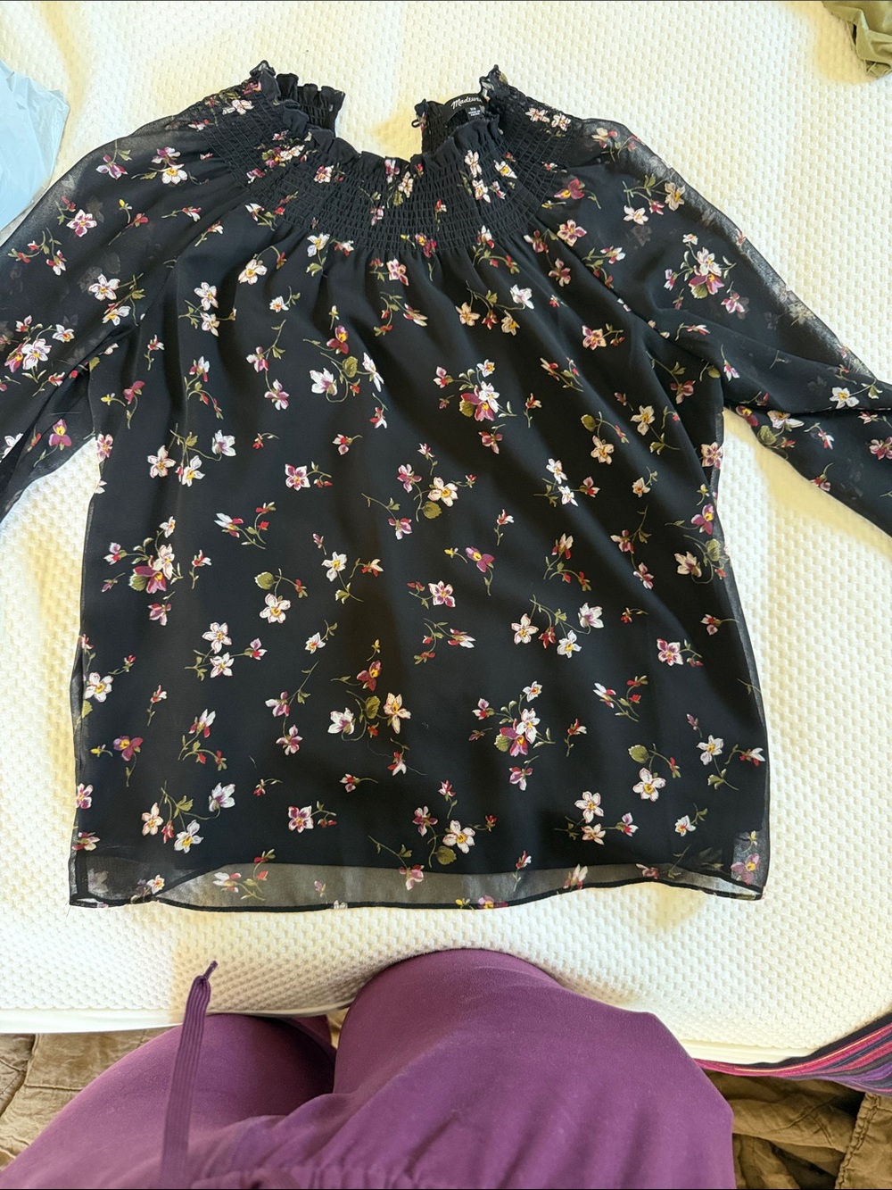 Madewell Black Floral Smocked Sheer sleeve Blouse